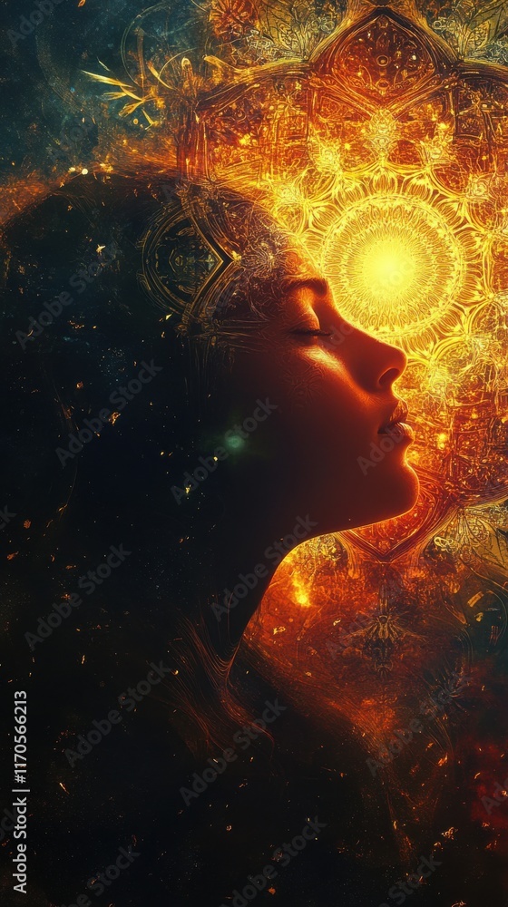 Leinwandbilder Surreal representation of a glowing woman with intricate patterns and ethereal light during a cosmic event