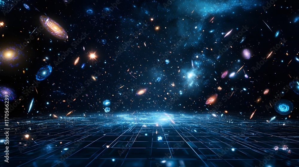 Poster quantum computing simulation visualizing the interaction between gravity and dark matter in galaxy f