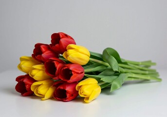 Obraz premium A close-up of a vibrant tulip bouquet, showcasing the delicate petals and contrasting colors