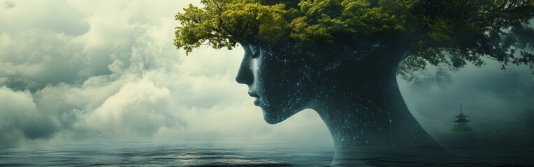 A futuristic landscape merging AI and nature, symbolizing harmony and technological evolution, perfect for sci-fi and design inspiration