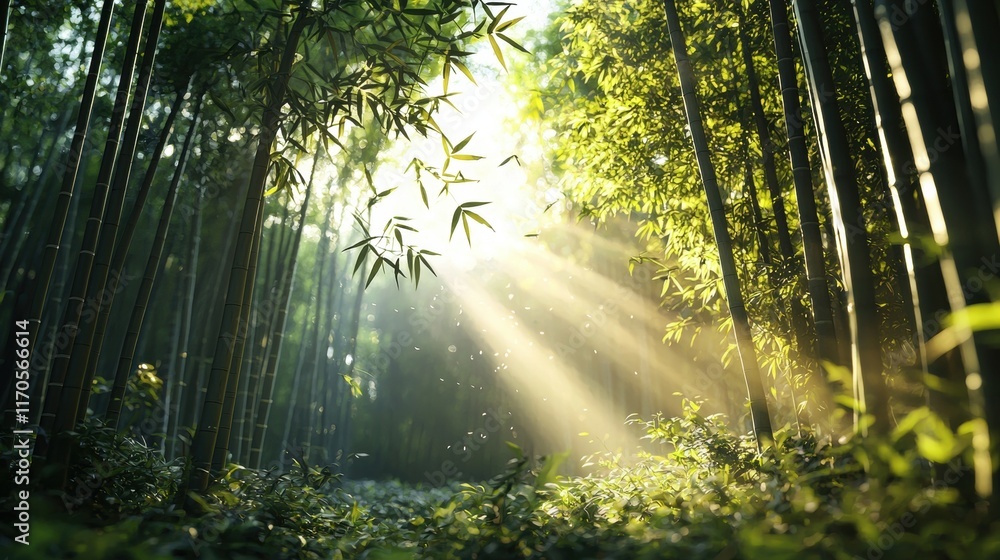 Poster a serene bamboo forest illuminated by sunlight filtering through the trees, creating a peaceful and 