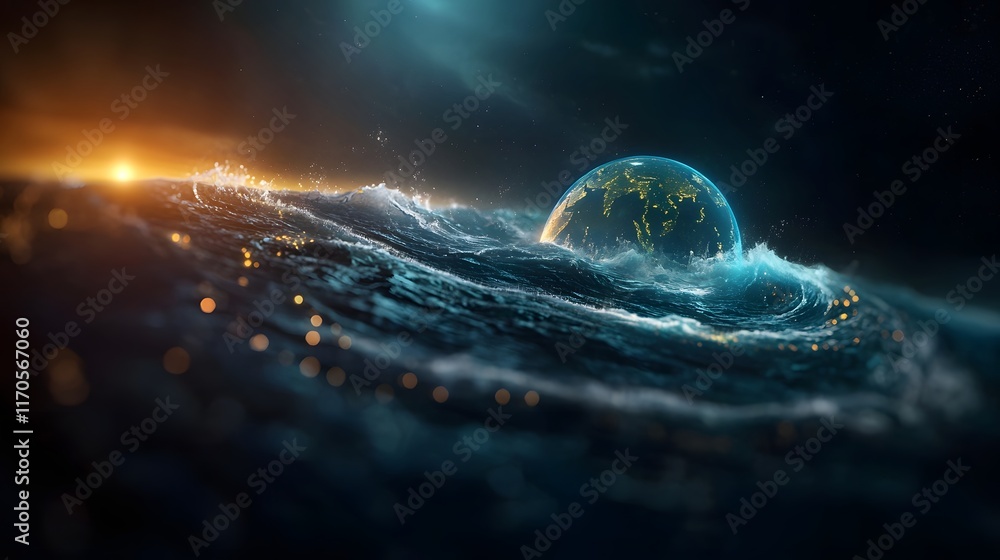 Poster quantum computing visualizing the interaction of gravity and tidal forces illustrating the effect on