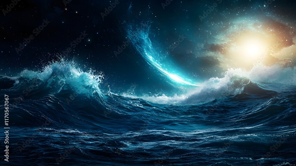 Poster quantum computing visualizing gravity and tidal forces impact on ocean currents and earth s tides le