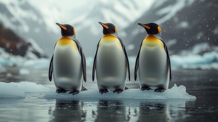 Fototapeta premium Antarctic King Penguins on Ice Floe, Snowy Mountains