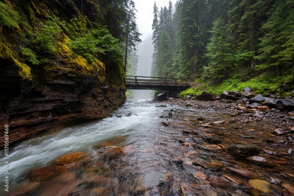 Poster Rain cascades through a dense forest of evergreen trees, creating a tranquil atmosphere as a gentle stream flows alongside a wooden bridge