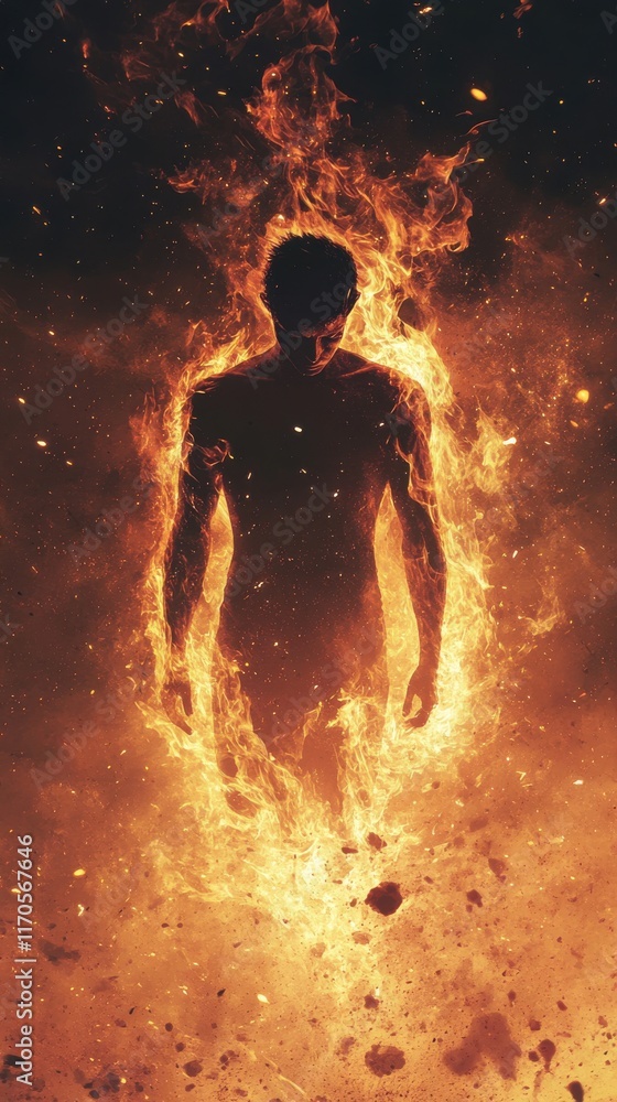 Poster man emanating light and energy in a fiery glow during a mystical moment at dusk