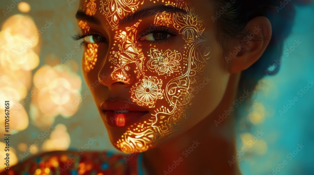 Poster Glowing model portrait with intricate light patterns casting shadows on serene face