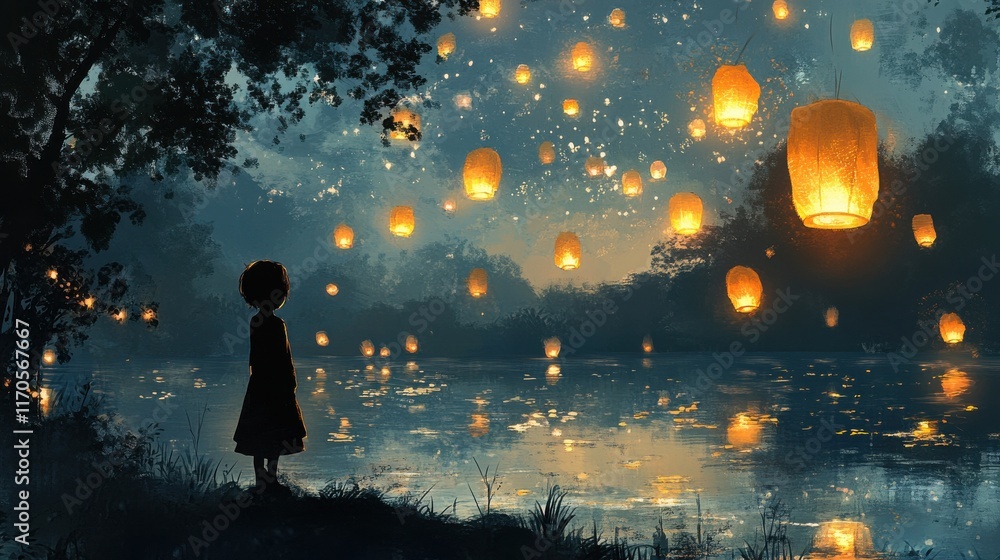 Aufkleber serene evening with a child's profile gazing at floating lanterns by a tranquil lake under a starlit