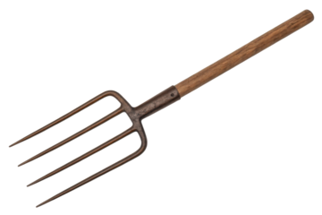 Old rusty pitchfork with wooden handle isolated with transparent background