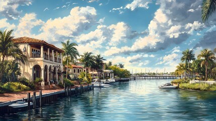 Mediterranean Style Homes Line a Sunny Canal Waterfront
