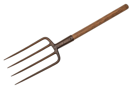 Old rusty pitchfork with wooden handle isolated with transparent background