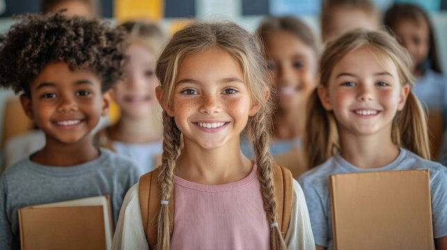 Cheerful diverse school children posing together in classroom holding notebooks and backpacks smiling at camera