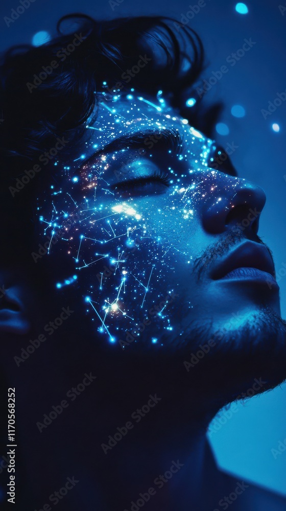Poster portrait of a man illuminated with cosmic patterns against a serene blue background