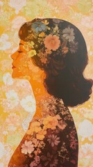 Portrait of a woman surrounded by floral patterns in a warm, glowing atmosphere during a tranquil afternoon