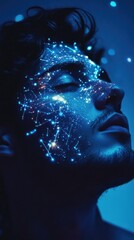 Portrait of a man illuminated with cosmic patterns against a serene blue background