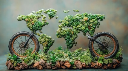 Fototapeta premium Green world map bicycle studio shot, eco-travel