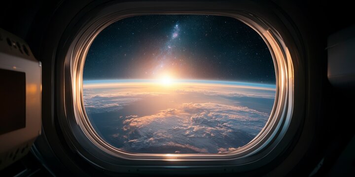Captivating view from a spacecraft as the sun rises over Earth showcasing the vastness of space and celestial beauty. Generative AI
