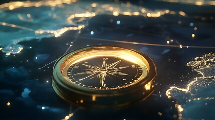 A golden compass is on a blue background with a starry sky. Leading the way