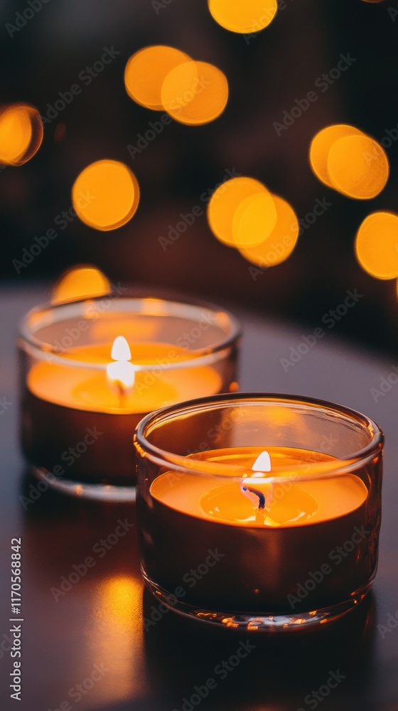 Poster soft amber glow of candles illuminating a cozy space with rich brown bokeh background