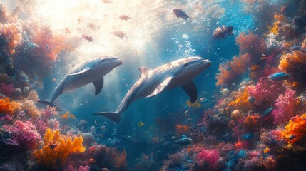 World Oceans Day Celebration Underwater Scene with Marine Animals Dolphins Sharks Turtle Coral Plants