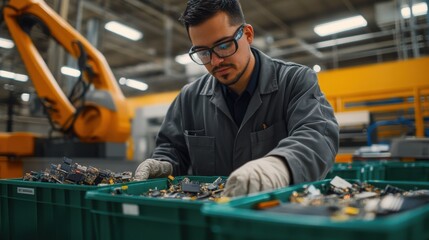 Professional worker sorting electronic components in a manufacturing facility during daylight hours
