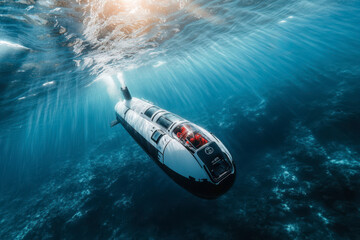 Fototapeta premium Exploring the depths of the ocean with an advanced submarine on a bright day beneath the waves. Generative AI