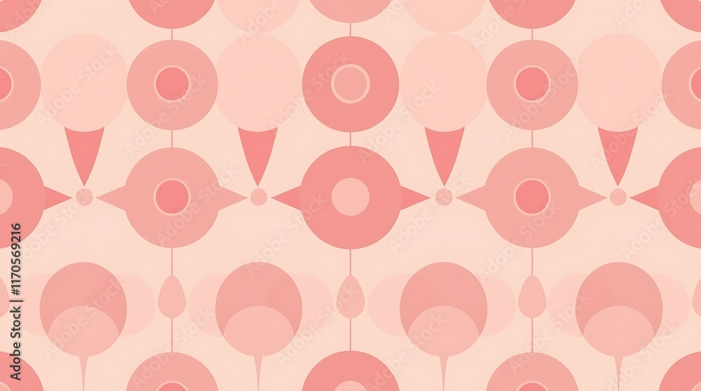 Poster Pink Geometric Pattern: An abstract pattern of overlapping circles and teardrop shapes in shades of pink.  This seamless pattern is perfect for adding a touch of retro chic to your designs. 