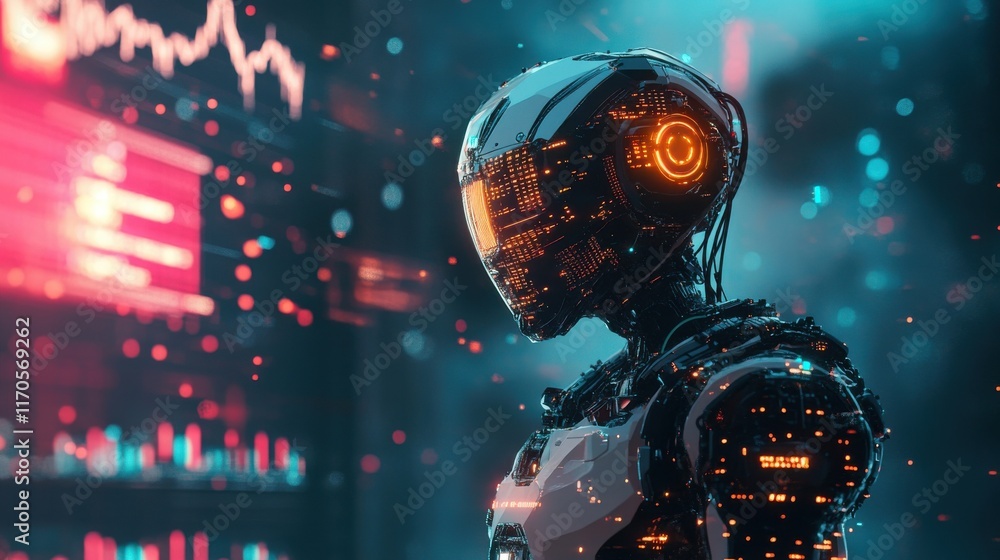 Leinwandbilder innovative robot design standing in a futuristic environment with digital elements and vibrant light