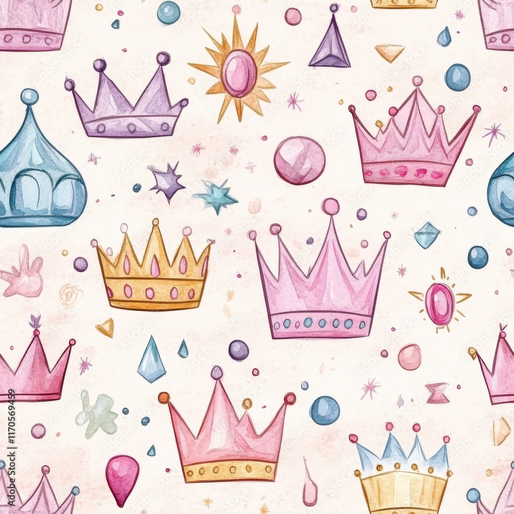 Poster playful watercolor doodles of crowns and gems create a whimsical pattern for creative inspiration