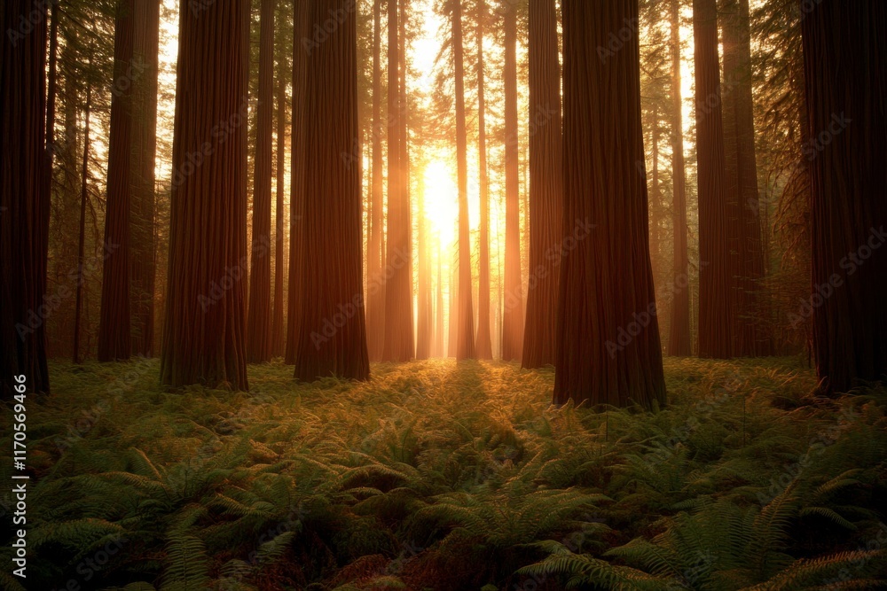 Poster golden sunlight filters through towering trees, casting a warm glow on the lush ferns below, creatin