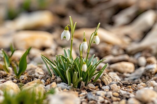 Spring snowdrops are blooming. Early spring flowers close up. bokeh shallow depth of field