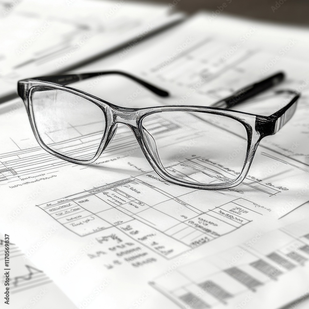 Poster glasses placed on financial documents highlighting calculations and data analysis in a professional 