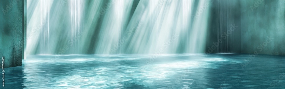 Poster Mystical space with shimmering teal waters and gentle waterfalls creating a serene atmosphere