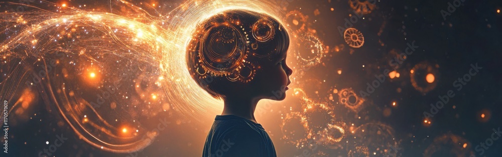 Poster mystical visualization of a child's imagination as gears and light swirl around in a creative displa