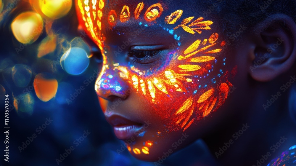 Aufkleber child with glowing face paint surrounded by colorful lights in a dreamy forest setting