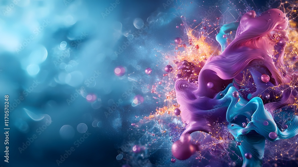 Poster Visually captivating quantum computing simulation of the Laplace equation demonstrating fluid dynamics and potential field visualizations with ample copy space at the bottom left for text overlay