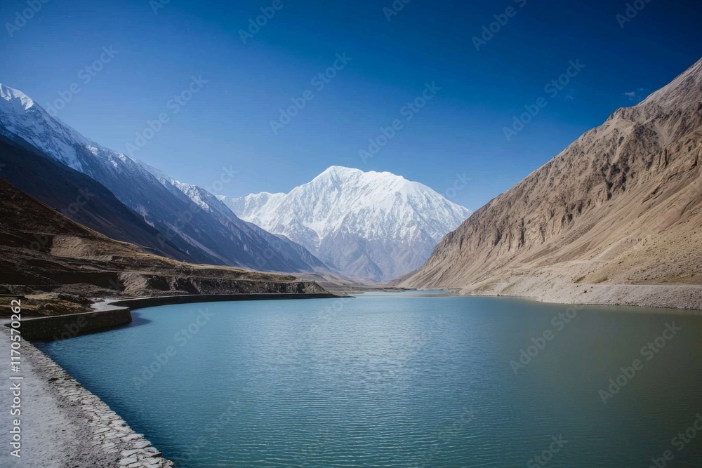 Aufkleber a high-altitude lake mirrors towering snow-capped mountains under a crystal-clear sky, creating a se