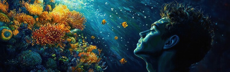 Naklejka premium Mystical underwater journey of a man immersed in colorful marine life at sunset
