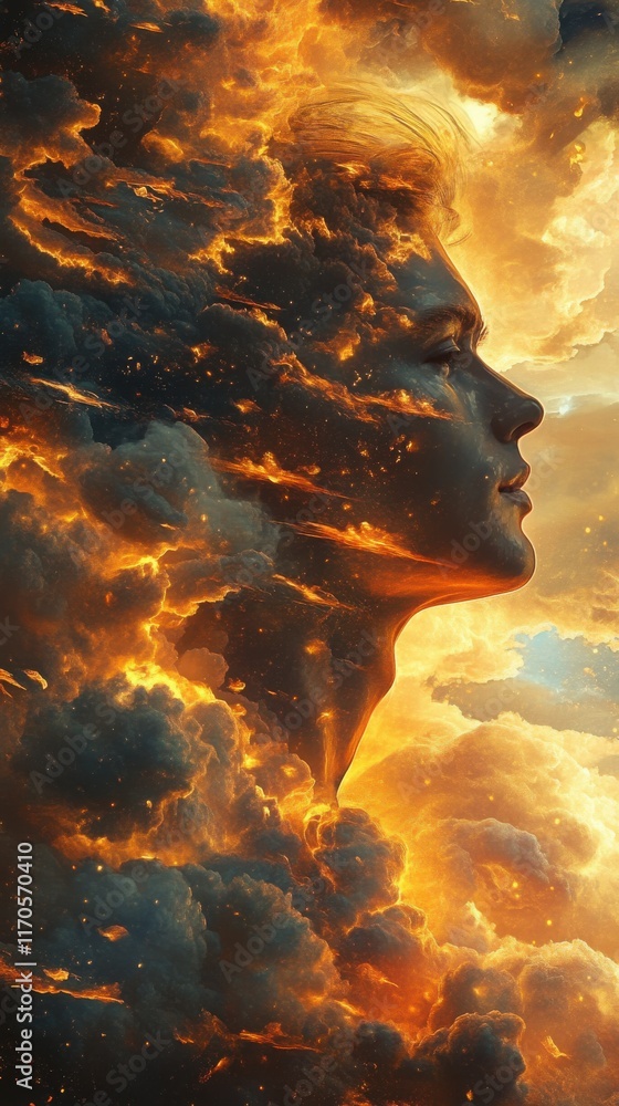 Poster mystical profile of a man surrounded by fiery clouds and glowing skies capturing the essence of tran