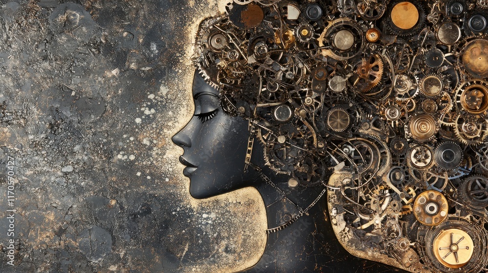 Poster mystical profile of a woman adorned with intricate gears and machinery symbols in a surreal artistic