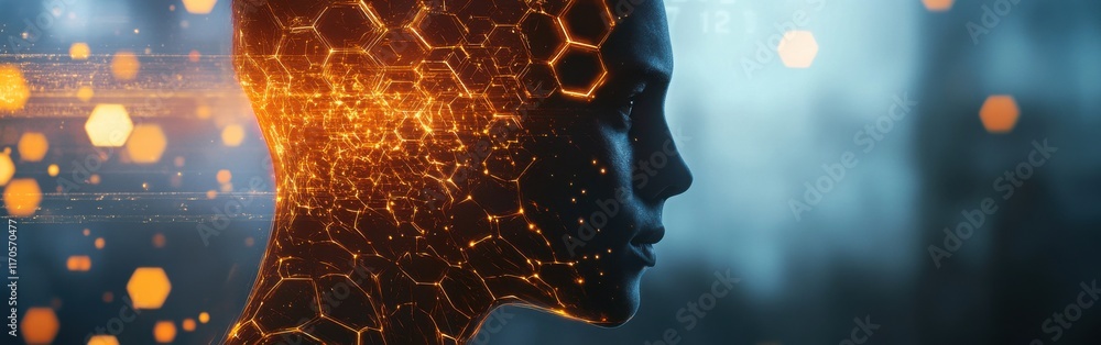 Poster mystical profile of a man filled with glowing honeycomb patterns and abstract light effects at dusk