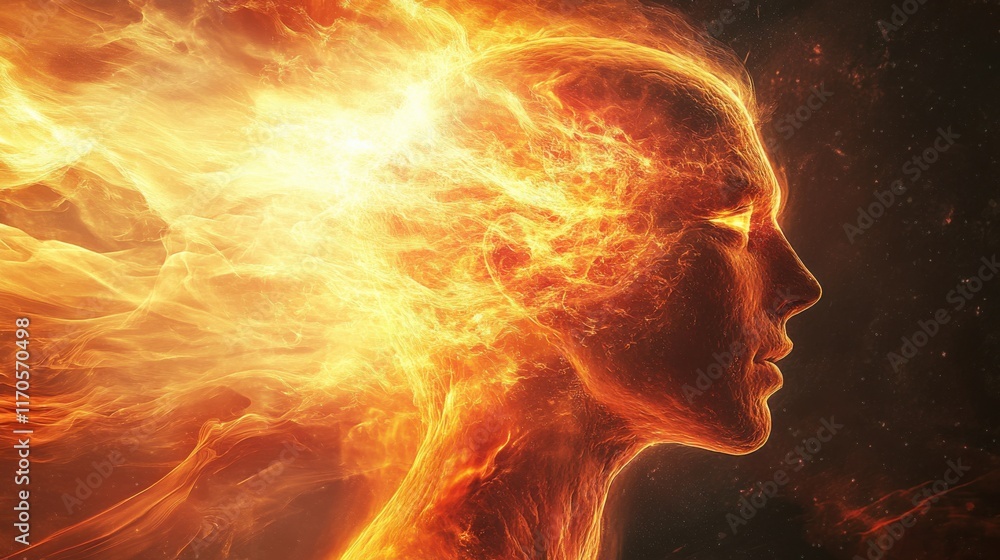 Aufkleber mystical profile of a man engulfed in flames representing passion and transformation during an expre
