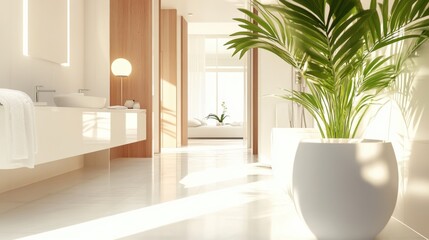 Fototapeta premium Minimalist bathroom design featuring sleek white surfaces and natural light creating a serene atmosphere with indoor plants