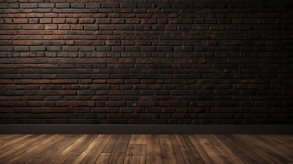 Fototapeta premium Dark brick wall texture and a wooden floor, creating a warm and inviting atmosphere.