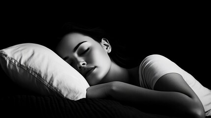 A woman sleeping in bed at night , a realistic photo shoot, side view. 
