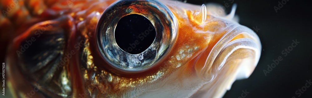 Poster Close-up view of a goldfish showcasing unique facial features and vibrant colors in aquatic environment