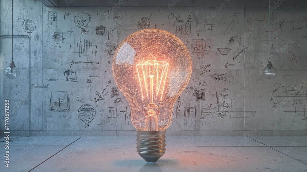 Aufkleber large glowing light bulb radiating warmth against a creative concrete backdrop in an illuminated wor