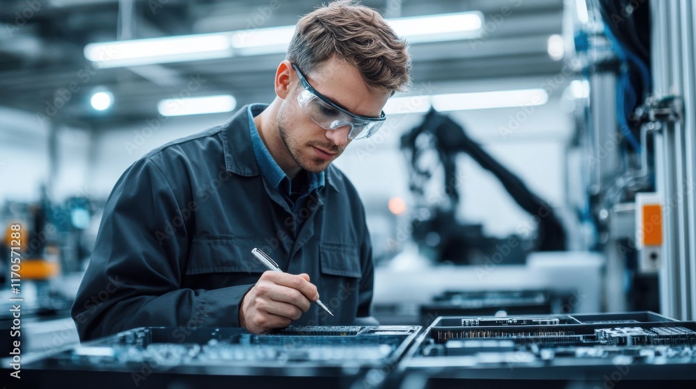 Poster Focused technician inspecting components in a high-tech industrial setting during daylight hours