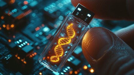 Human fingers holding luminescent double-helix dna branch inside a transparent usb key. The male connector is visible on upper side of usb key.
