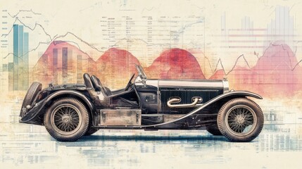 Harmonious composition of vintage automobile with abstract background and graphs depicting historical data